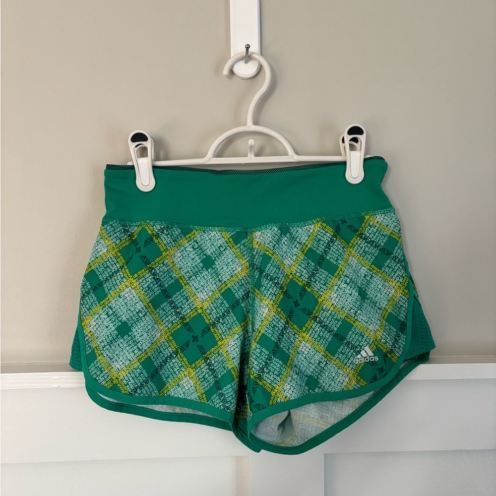 EUC Adidas Girls XS Green Plaid Athletic Shorts Running